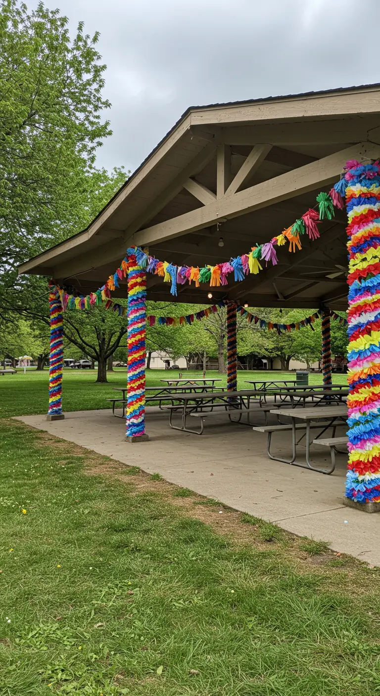 Pilares de un quiosco de parque envueltos en guirnaldas de papel de colores muy vivos.