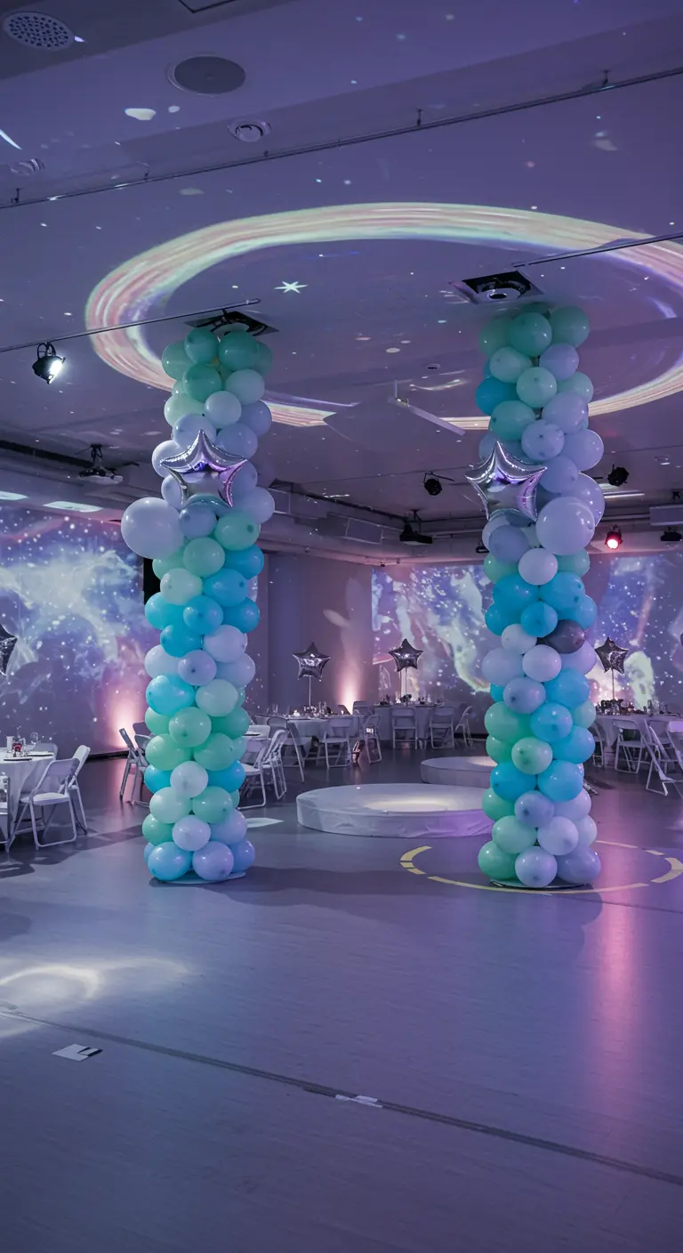 Dos columnas altas de globos en tonos azul y verde con estrellas plateadas en una sala oscura.