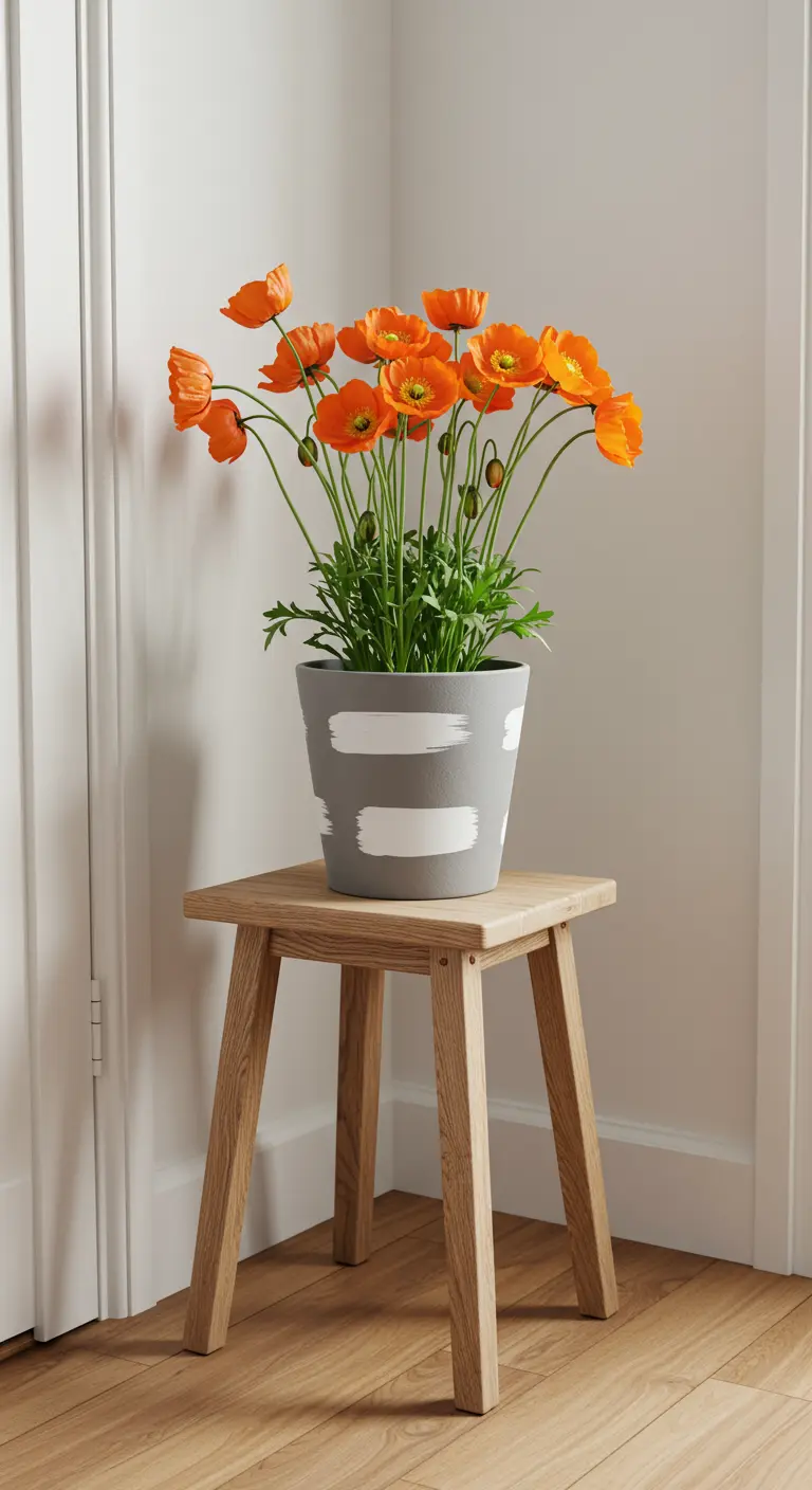 Maceta gris con gruesas pinceladas blancas horizontales sobre un taburete de madera.