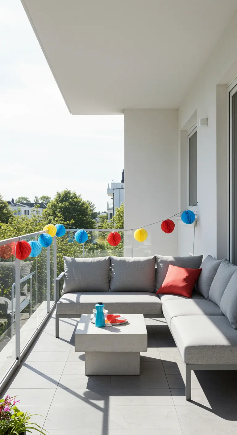 Balcón moderno con sofá gris y una sencilla guirnalda de lámparas de papel de colores primarios