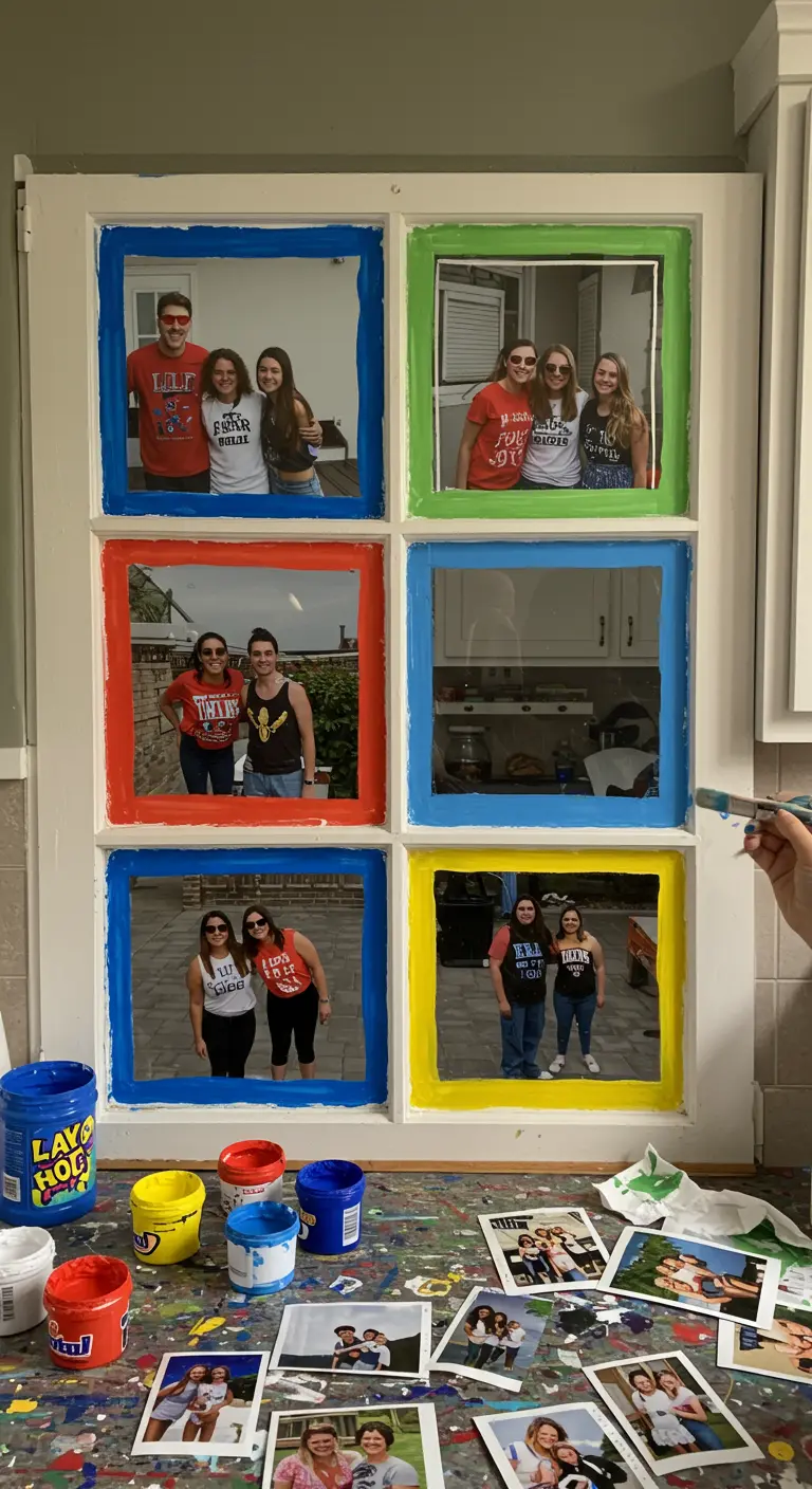 Ventana blanca con los bordes de cada panel pintados en colores primarios brillantes.