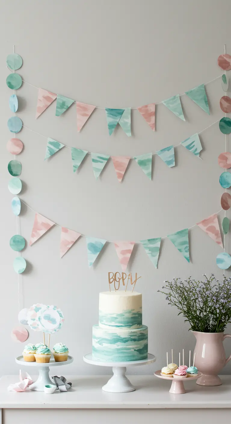 Guirnaldas de papel pintado con acuarela en tonos pastel rosa y turquesa.
