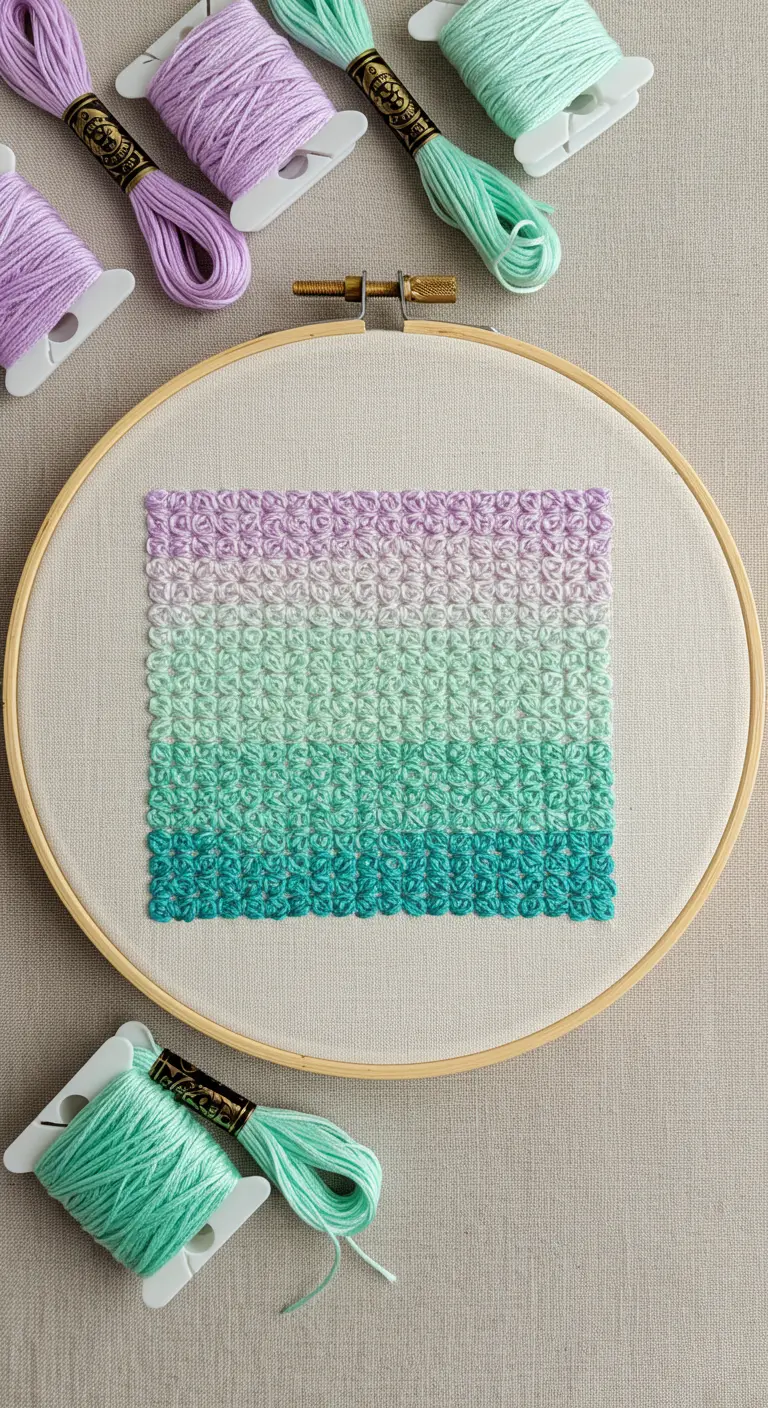 Bastidor de bordado con un cuadrado relleno de nudos franceses en un degradado de lila a verde menta.