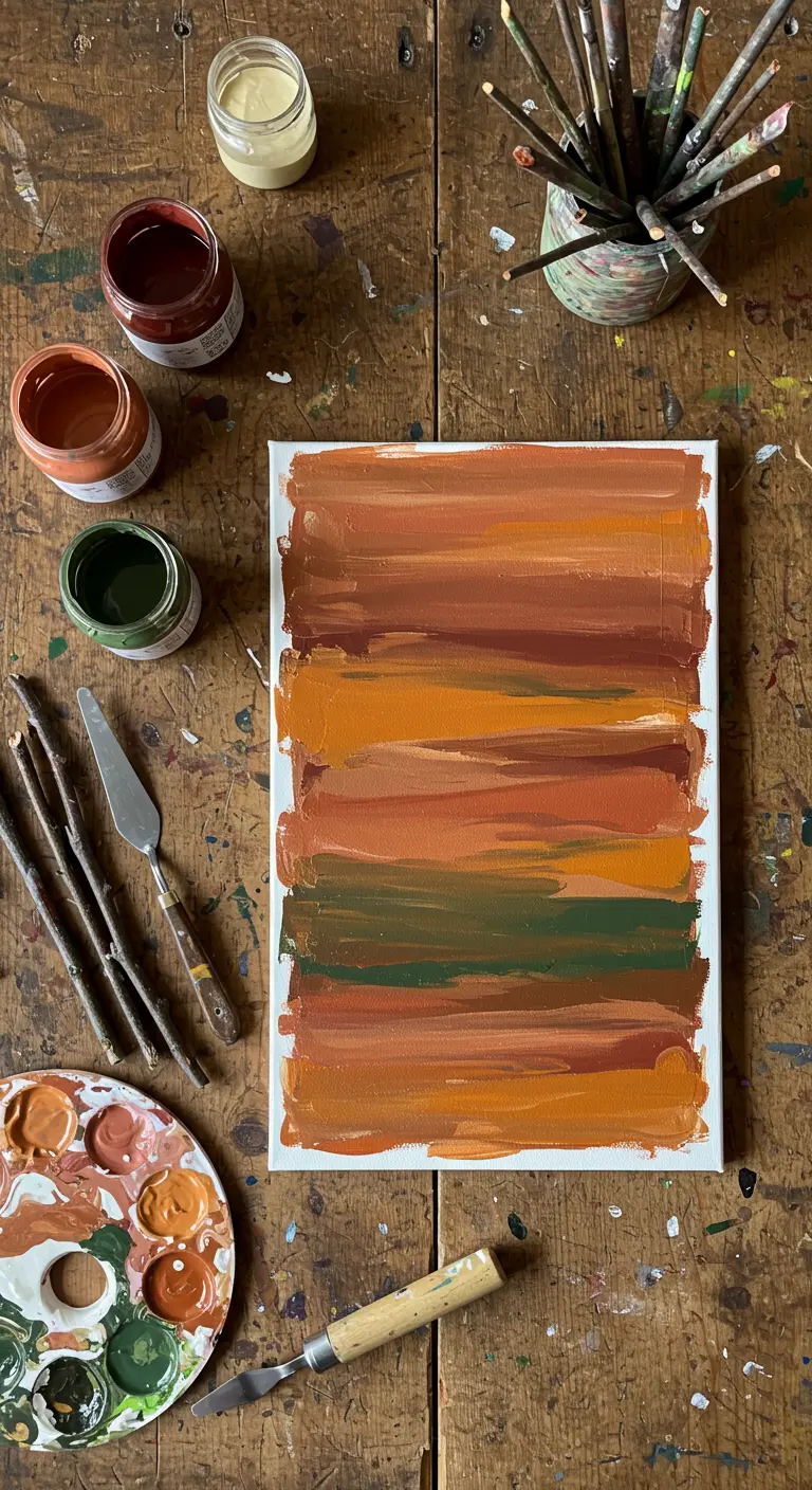 Lienzo con pinceladas horizontales en tonos tierra, rodeado de botes de pintura y herramientas de arte.