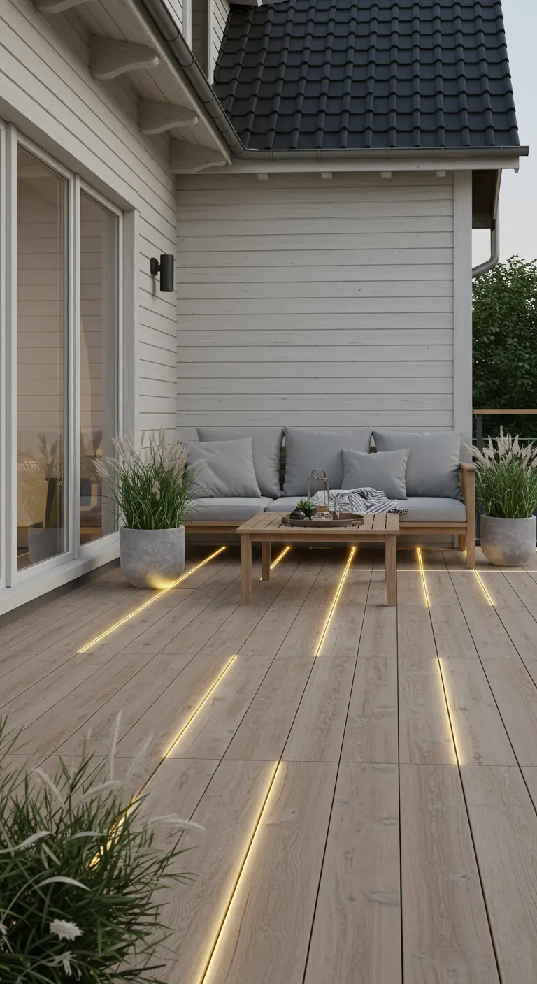 Terraza de madera con tiras de luz LED empotradas que crean líneas luminosas en el suelo.