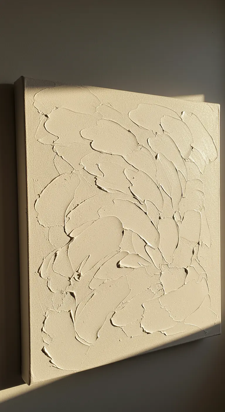 Lienzo de color crema con pinceladas de yeso texturizado iluminado por una luz lateral cálida