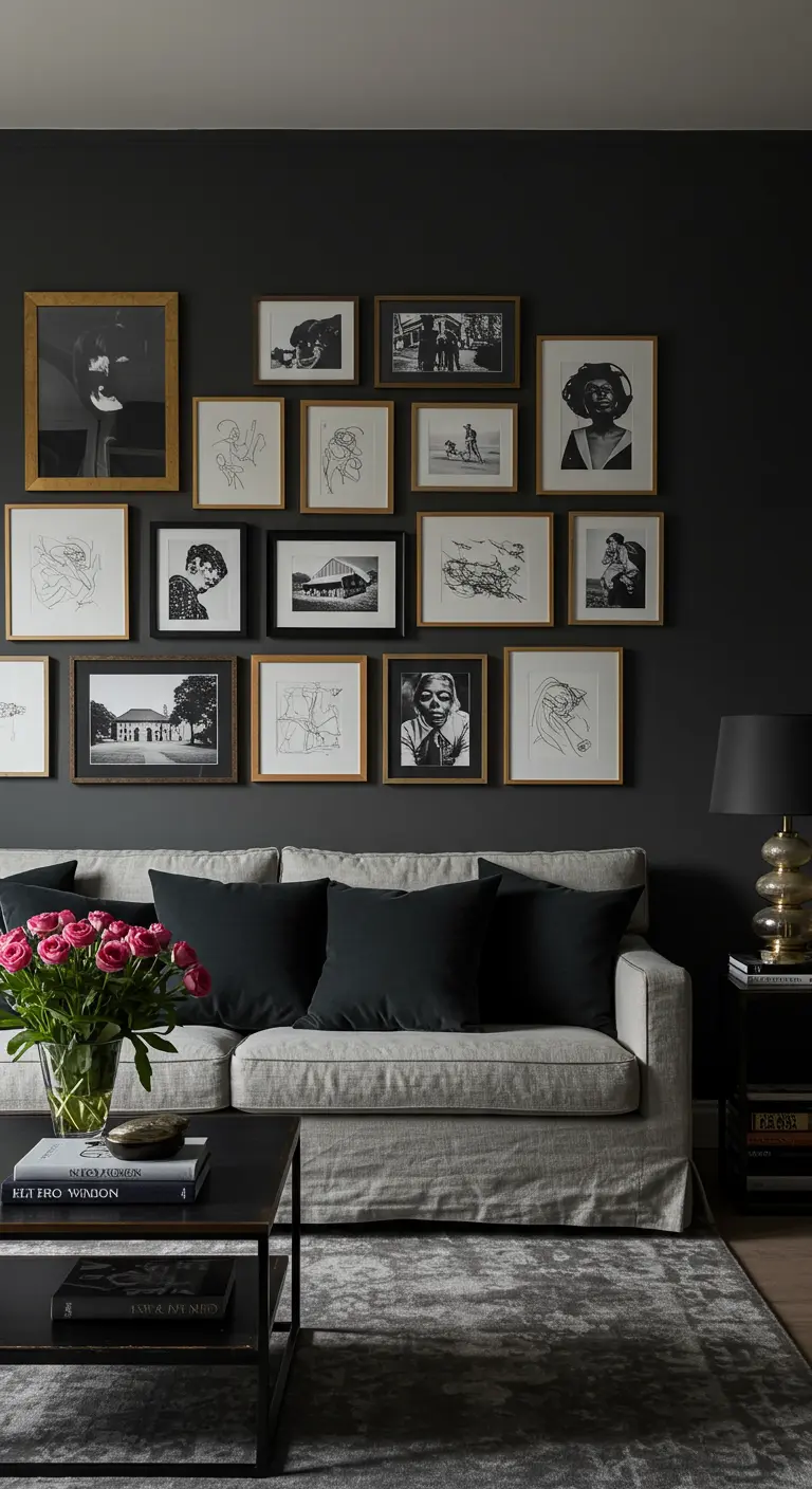 Pared de galería con una mezcla de marcos negros y dorados sobre un fondo oscuro