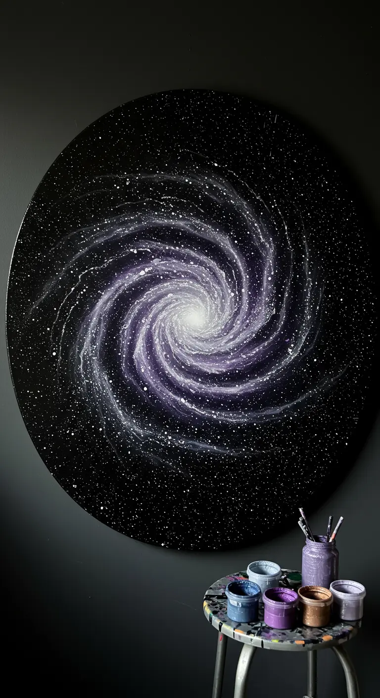 Lienzo redondo negro con una galaxia espiral pintada en tonos morados y blancos.