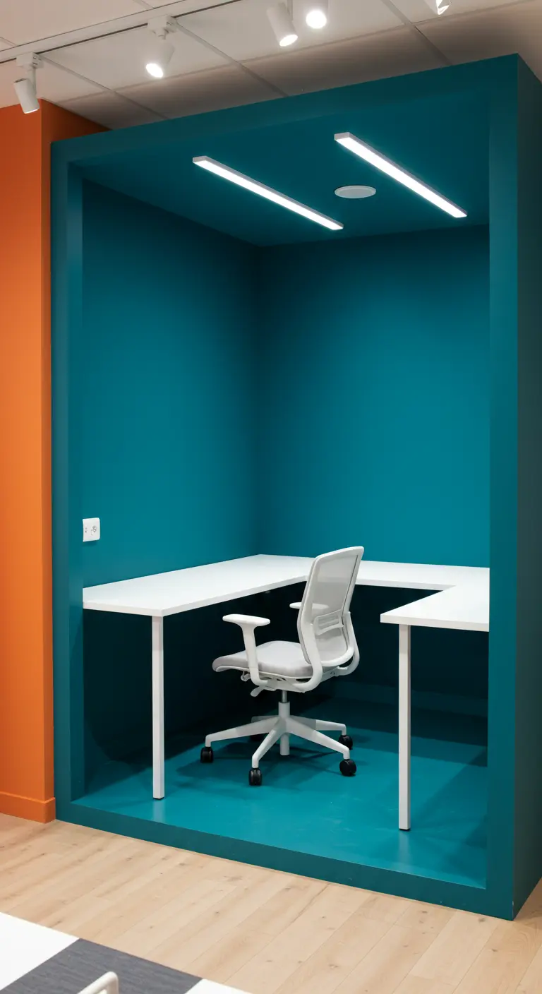 Nicho de trabajo pintado de un intenso color turquesa con un escritorio blanco en forma de L.