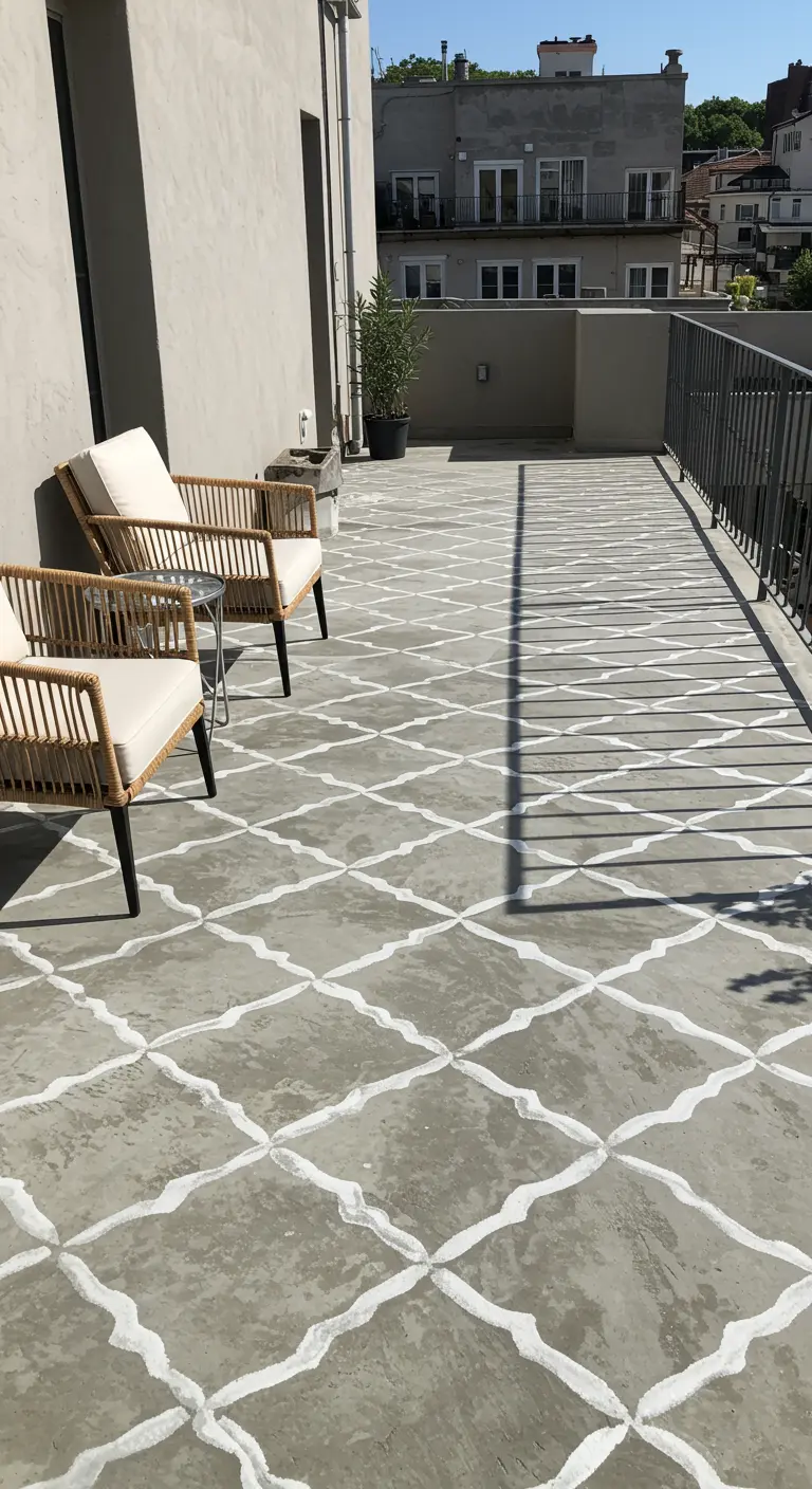 Suelo de hormigón de una terraza pintado con un patrón geométrico de estilo marroquí en blanco.