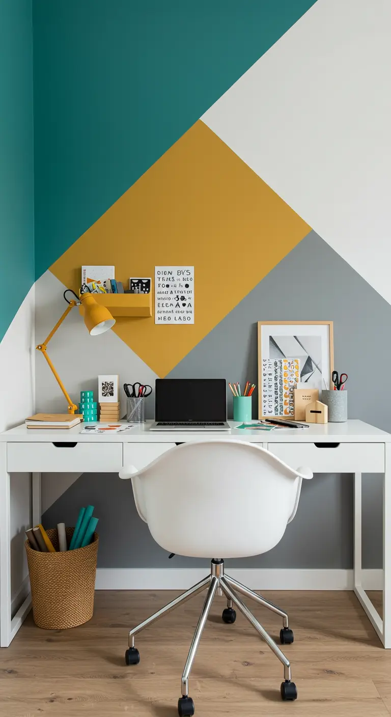Escritorio blanco frente a una pared con un diseño geométrico pintado en verde, amarillo y gris