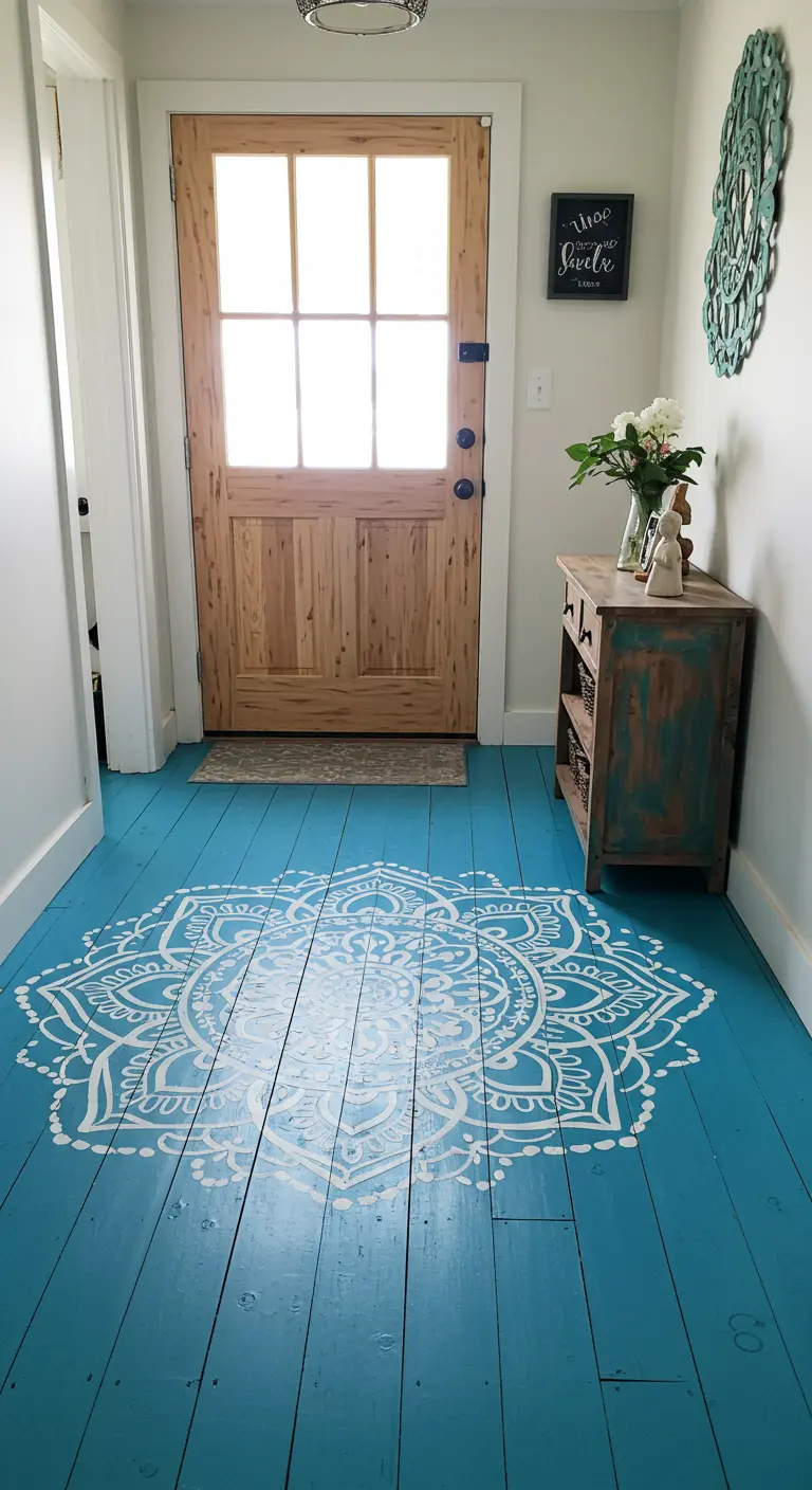 Suelo de madera pintado de turquesa con un gran mandala blanco dibujado en el centro.