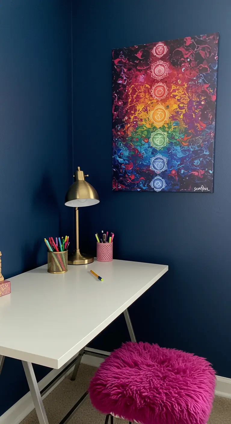 Rincón de trabajo con pared azul oscuro, un cuadro abstracto de los chakras y un taburete fucsia.