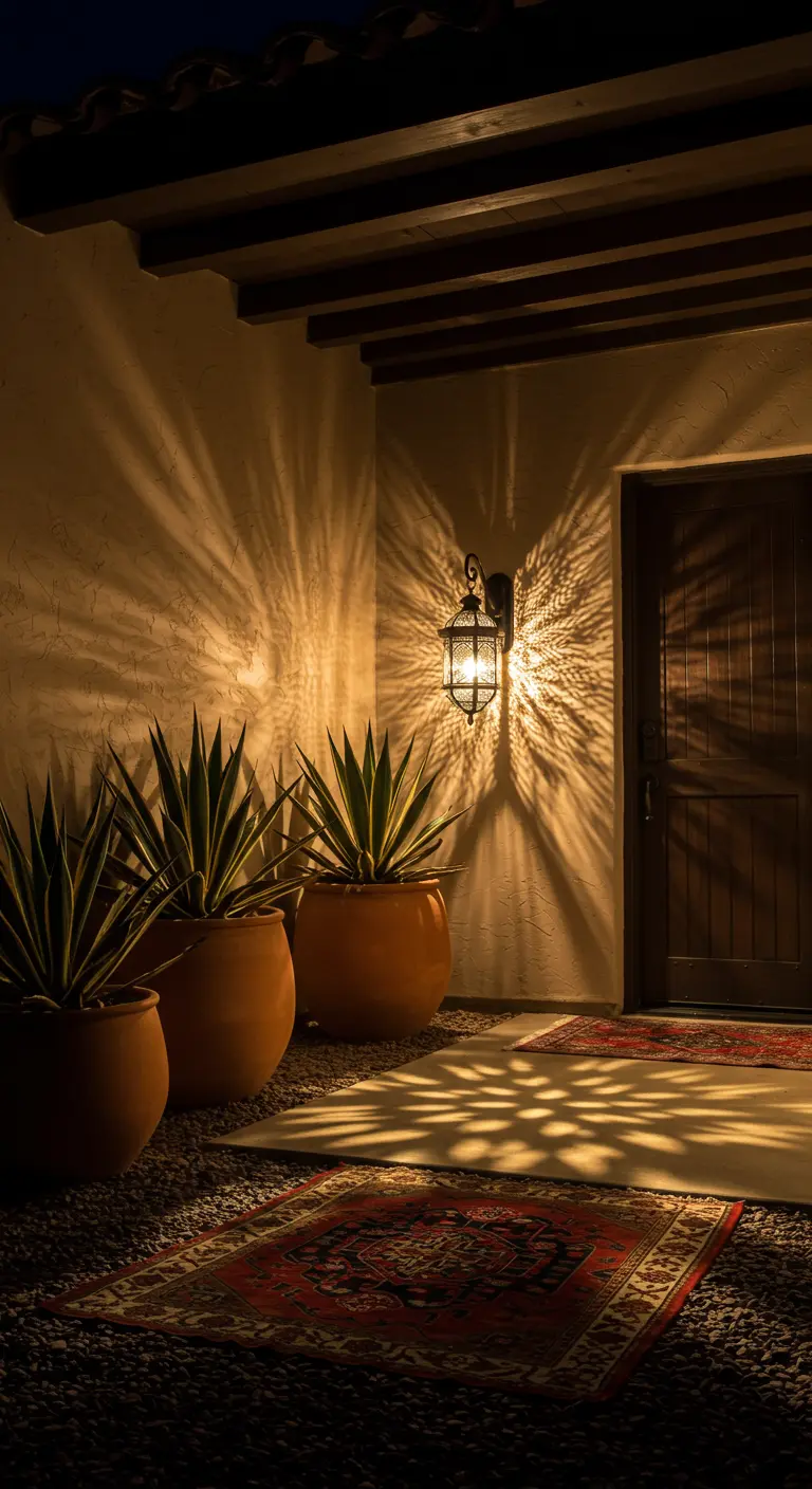 Aplique de pared marroquí proyectando sombras dramáticas que parecen hojas de palmera en una pared