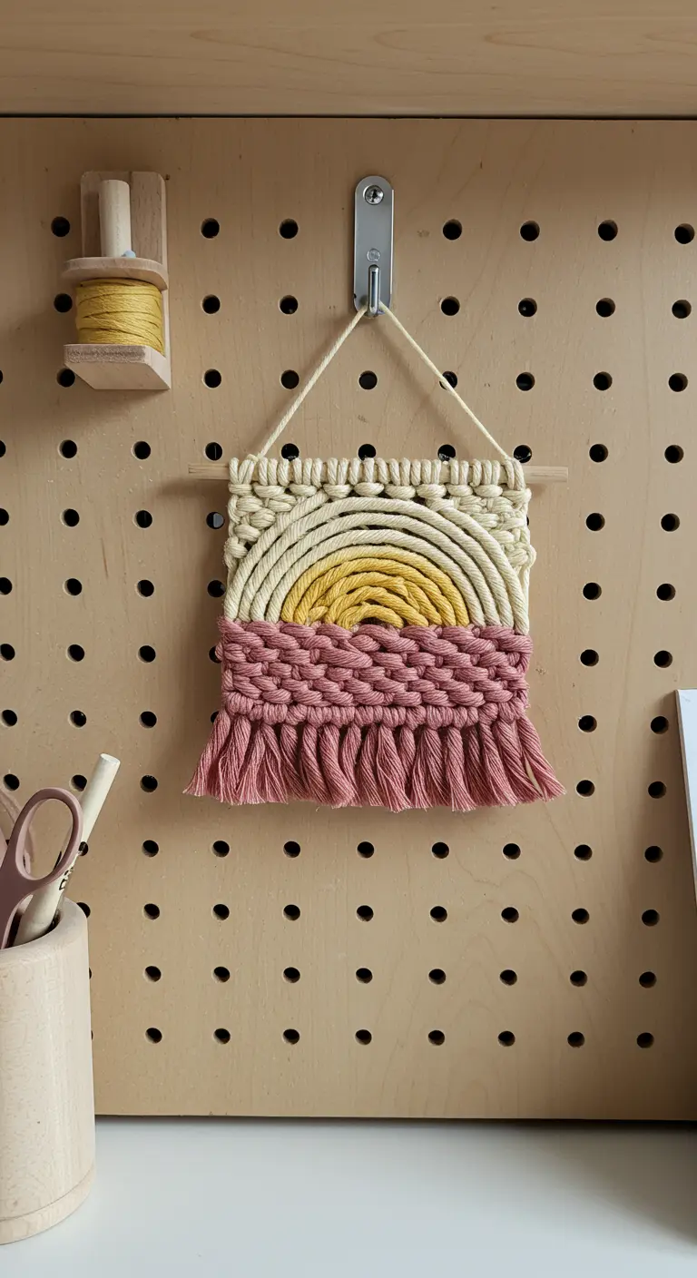 Tapiz de macramé con un diseño de atardecer en tonos rosa, amarillo y crudo, colgado en un tablero.