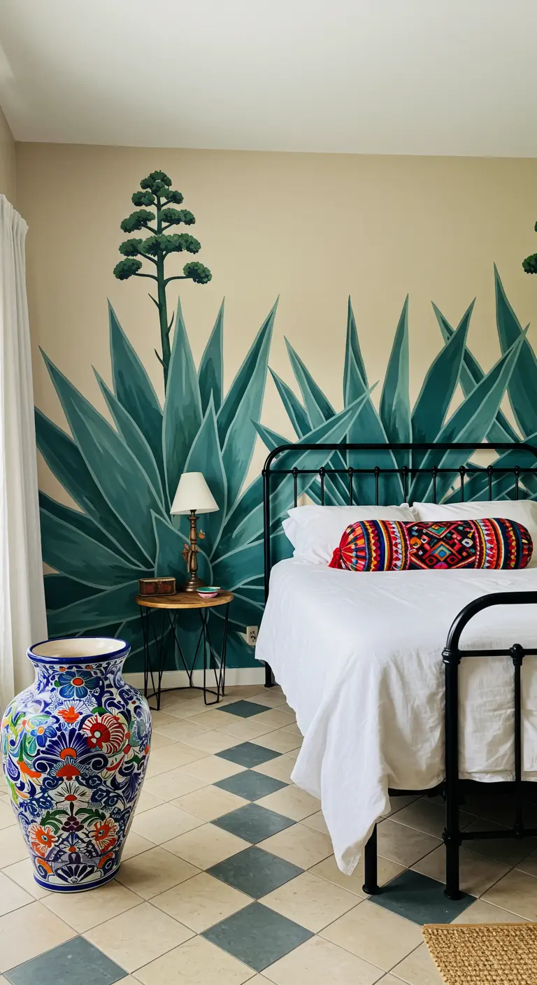 Habitación con mural de plantas de agave en la pared y un gran jarrón de talavera.