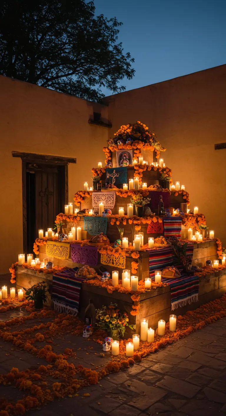 Altar de muertos monumental de varios niveles con velas y cempasúchil en un patio al anochecer.