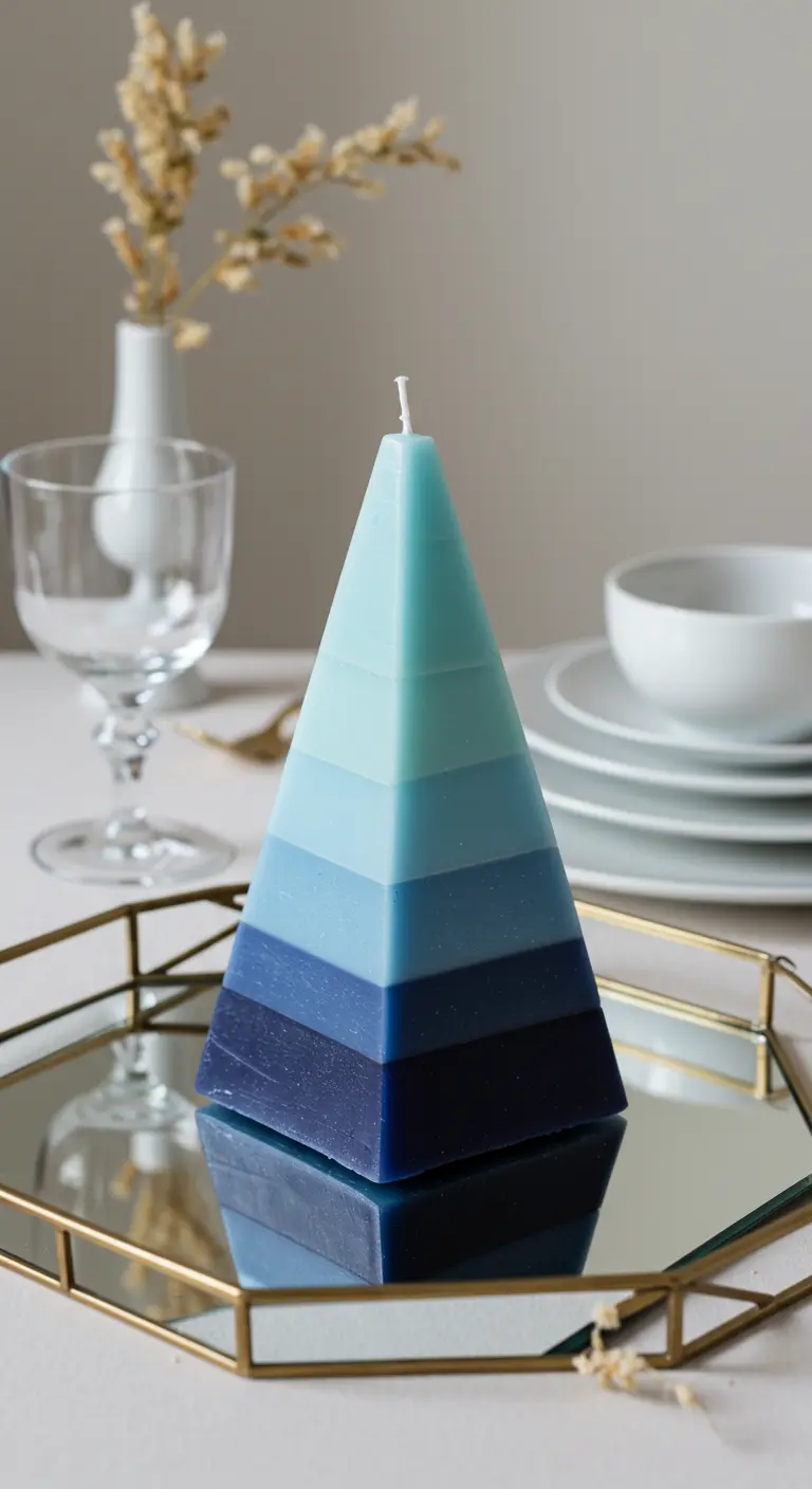 Vela en forma de pirámide con un degradado de capas en distintos tonos de azul.