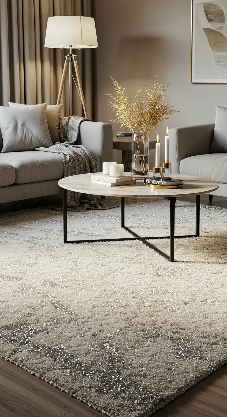 Alfombra gris claro con hilos plateados brillantes que crean un efecto resplandeciente.