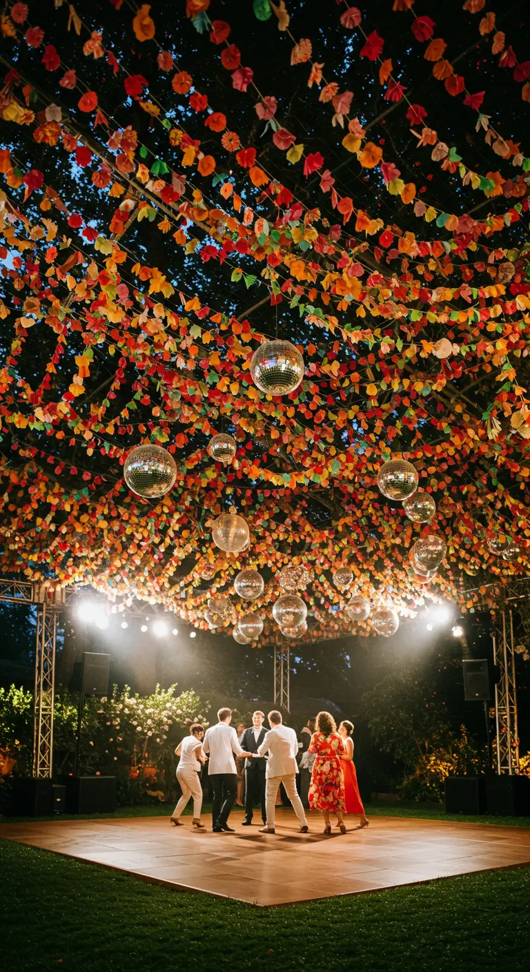 Pista de baile al aire libre con un techo cubierto de hojas de papel de colores y bolas de discoteca.