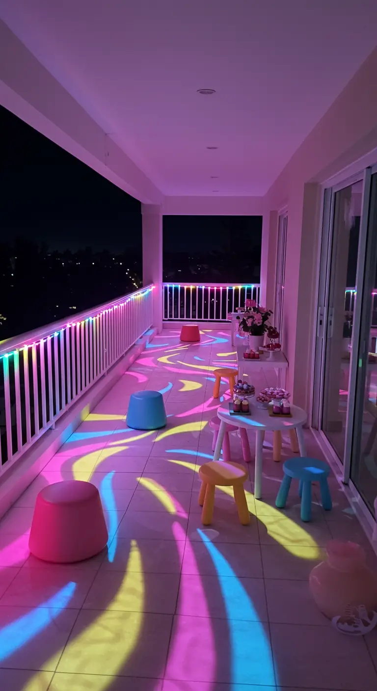 Balcón con taburetes y mesas pequeñas, con un suelo iluminado por proyectores que crean ondas de colores