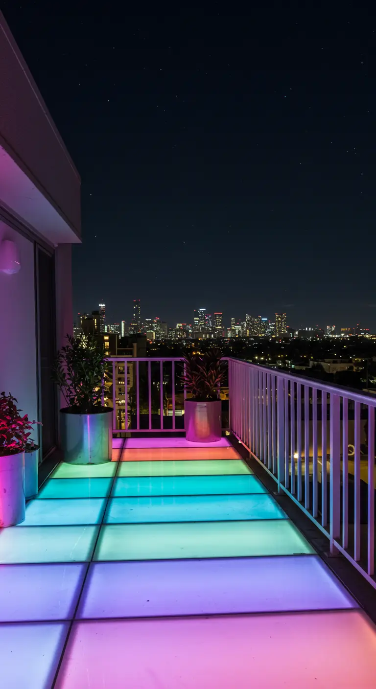 Balcón con un suelo hecho de paneles de luz LED que cambian de color, creando una pista de baile