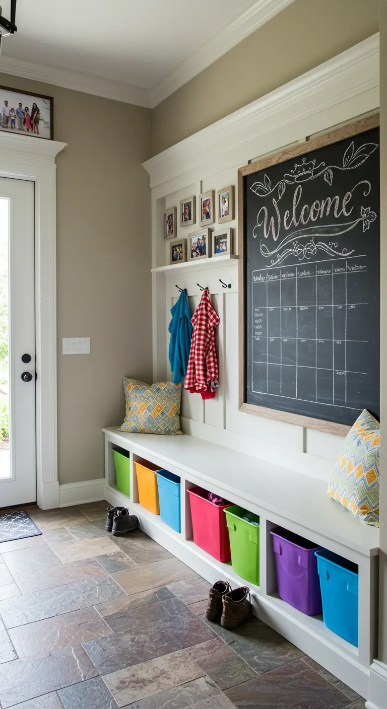 Mueble de entrada blanco con una gran pizarra que funciona como calendario y centro de organización.