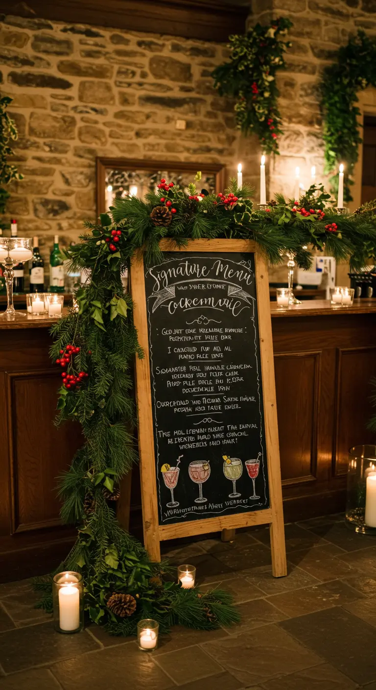 Pizarra de caballete con menú de cócteles escrito a mano, decorada con guirnaldas de pino.