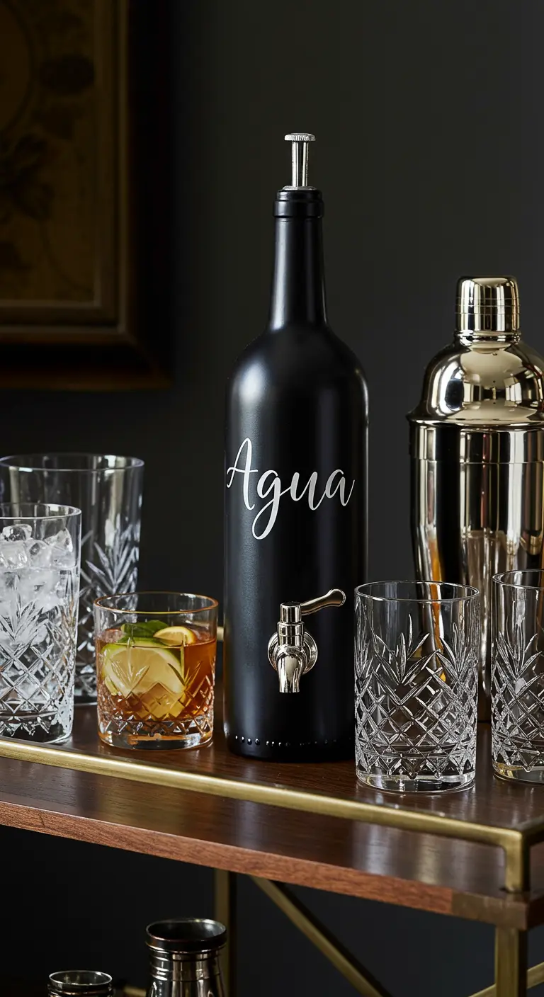 Dispensador de agua en botella negra mate con la palabra 'Agua' escrita en caligrafía blanca.