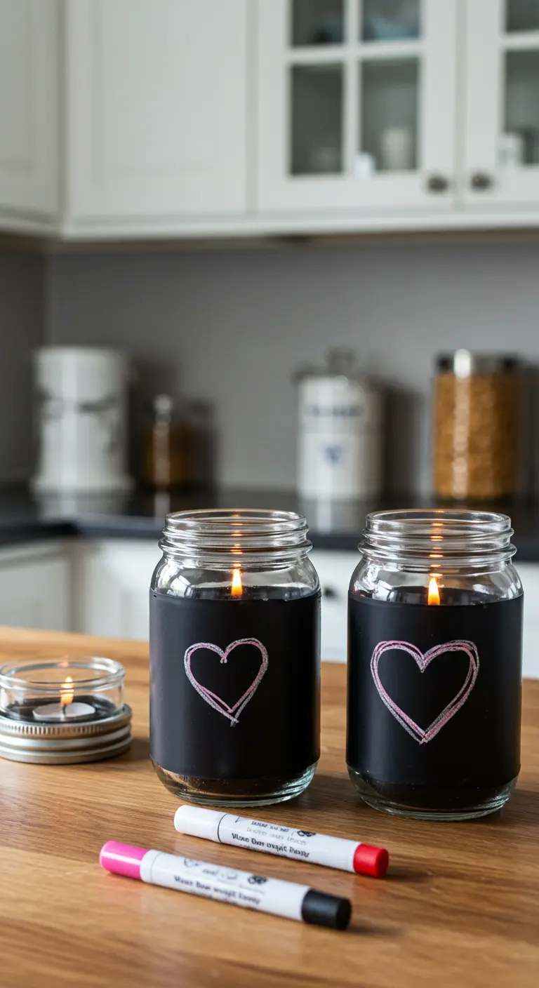 Dos portavelas de frasco pintados con pintura de pizarra negra y con un corazón dibujado en tiza.