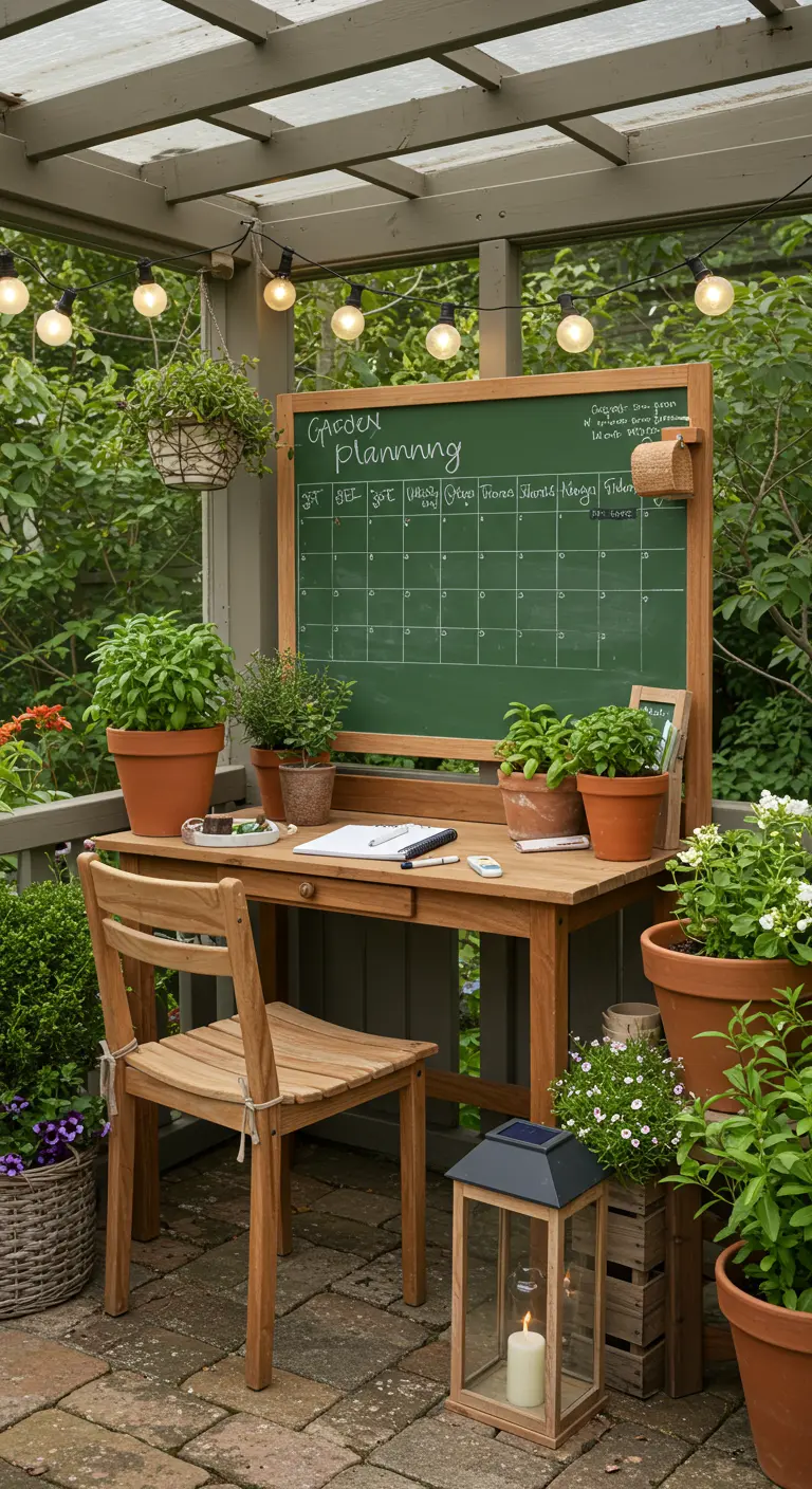 Rincón de planificación en un porche con una pizarra verde, escritorio de madera y muchas plantas.