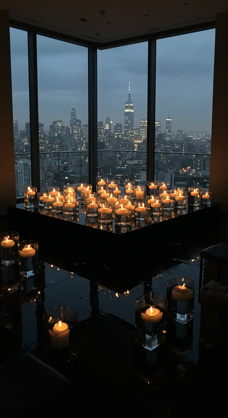 Altar de velas sobre una plataforma de espejo negro con el skyline de una ciudad de fondo.