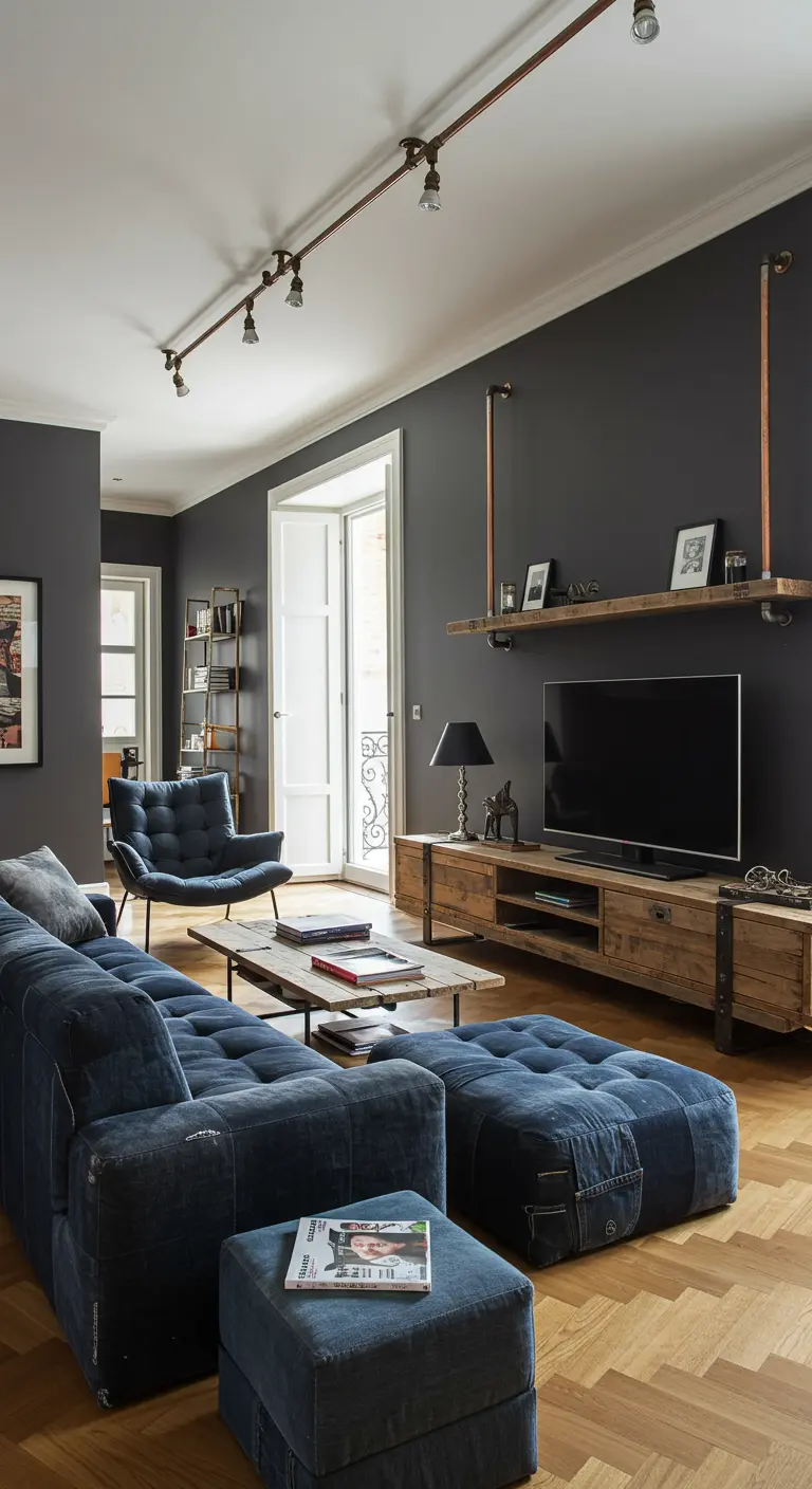 Sala de estar de estilo industrial con estanterías y luces hechas de tuberías de cobre.