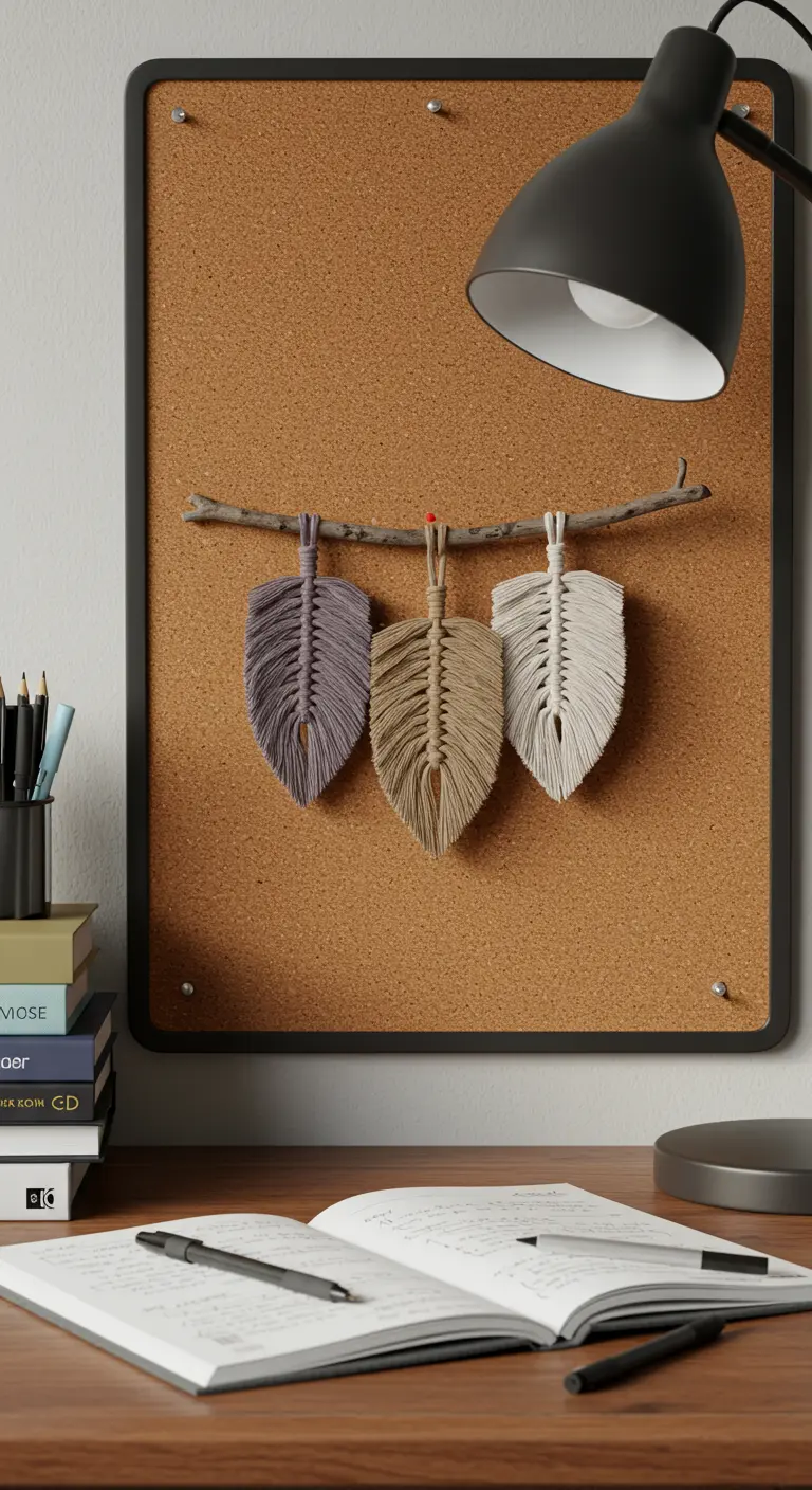 Tres plumas de macramé en tonos lila, beige y crudo colgadas en un tablero de corcho.