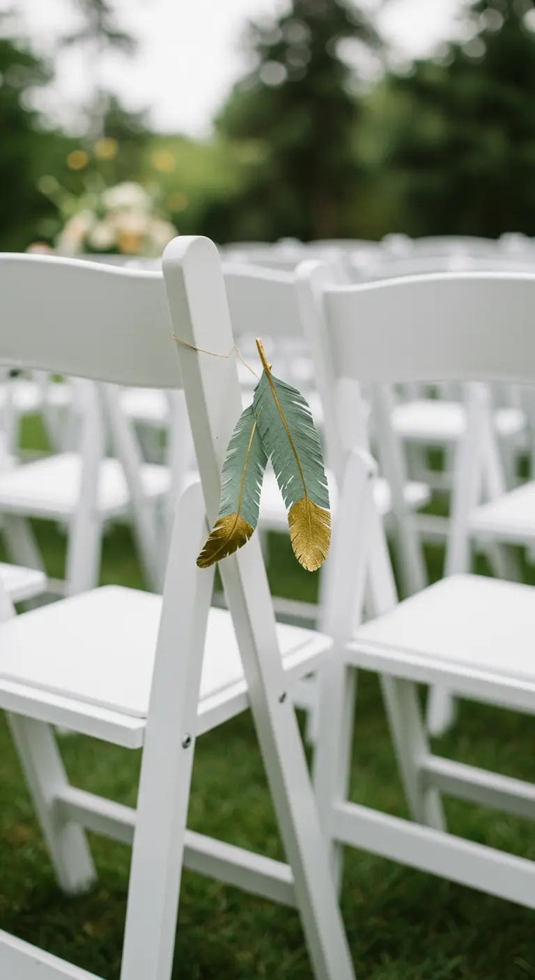 Dos plumas de papel verde con las puntas doradas atadas al respaldo de una silla blanca.