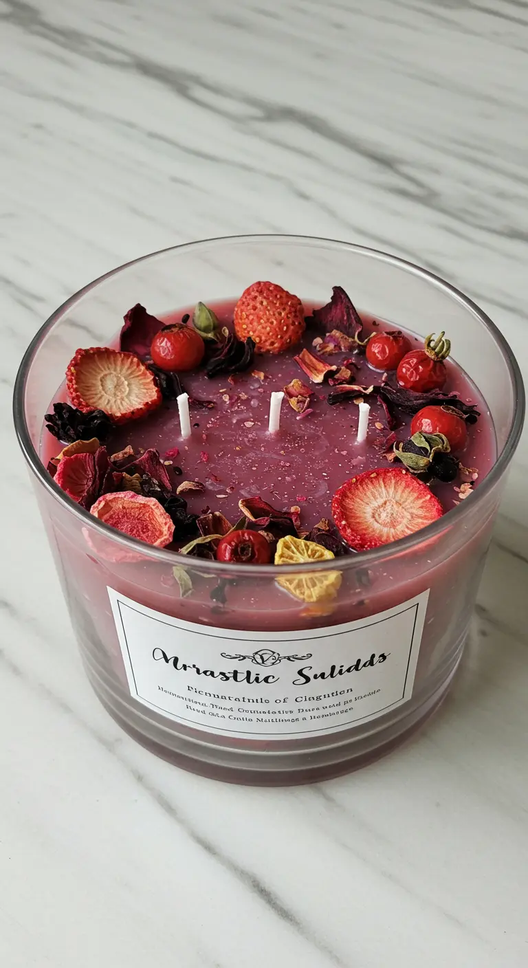 Vela grande de tres mechas con cera morada y frutos rojos secos.