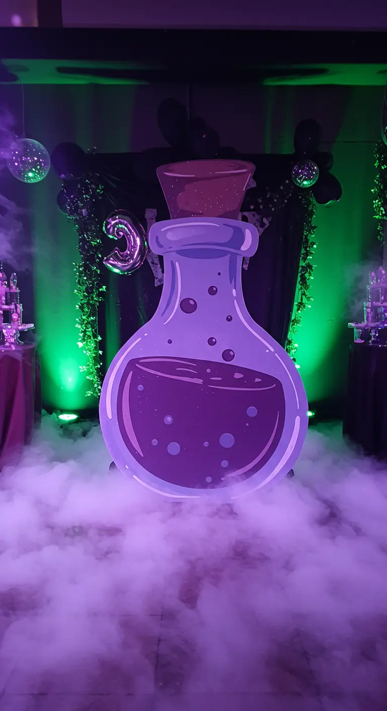 Photocall con forma de botella de poción mágica morada, rodeado de humo y luz verde.