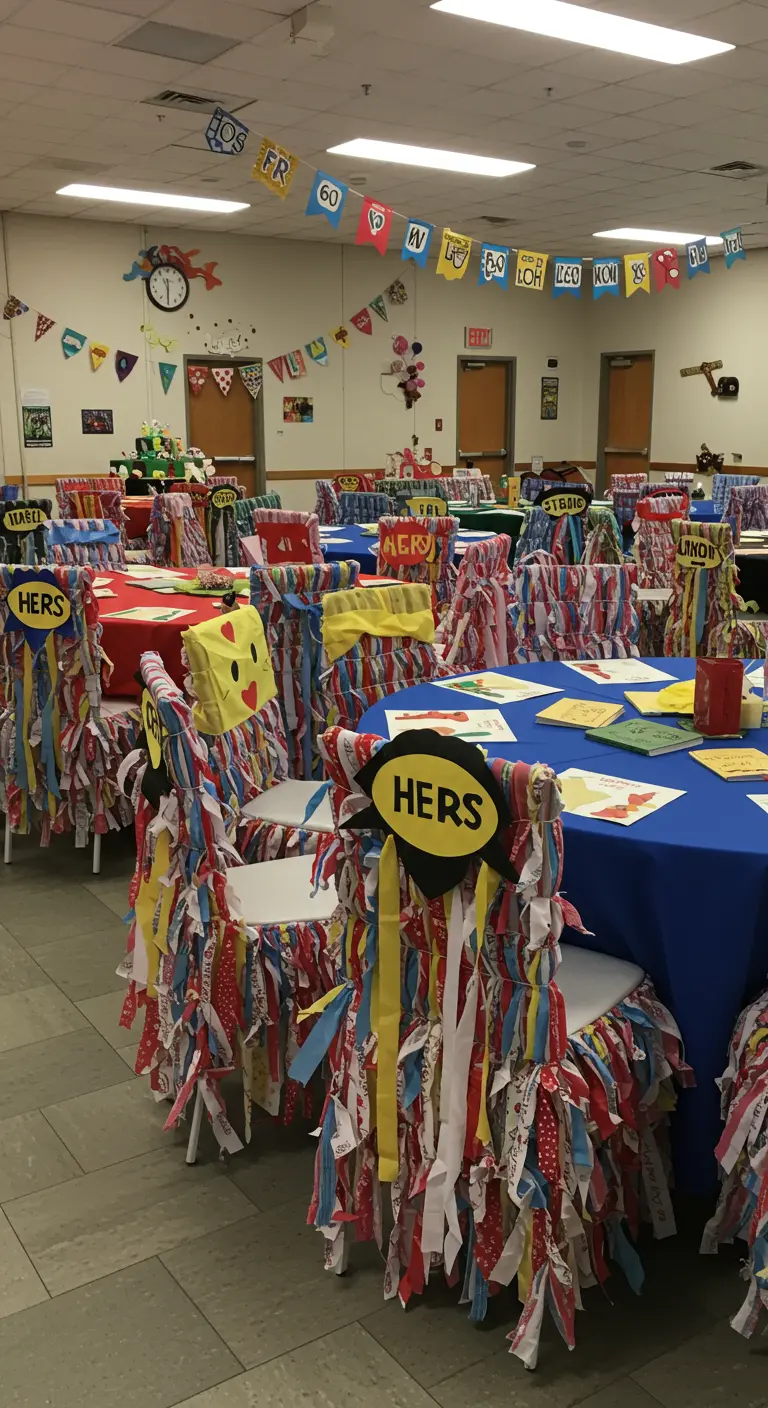 Sillas en una fiesta infantil cubiertas con innumerables tiras de tela de colores primarios.