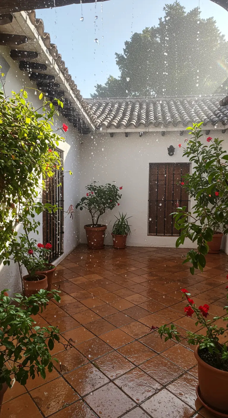 Patio andaluz con suelo de barro mojado durante una lluvia de verano, con plantas en macetas