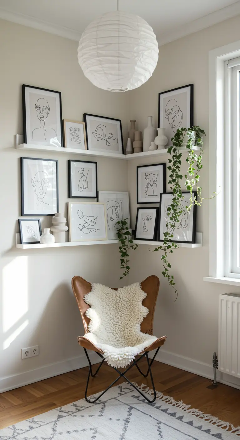 Rincón minimalista con estantes blancos, láminas de arte lineal y una silla de mariposa