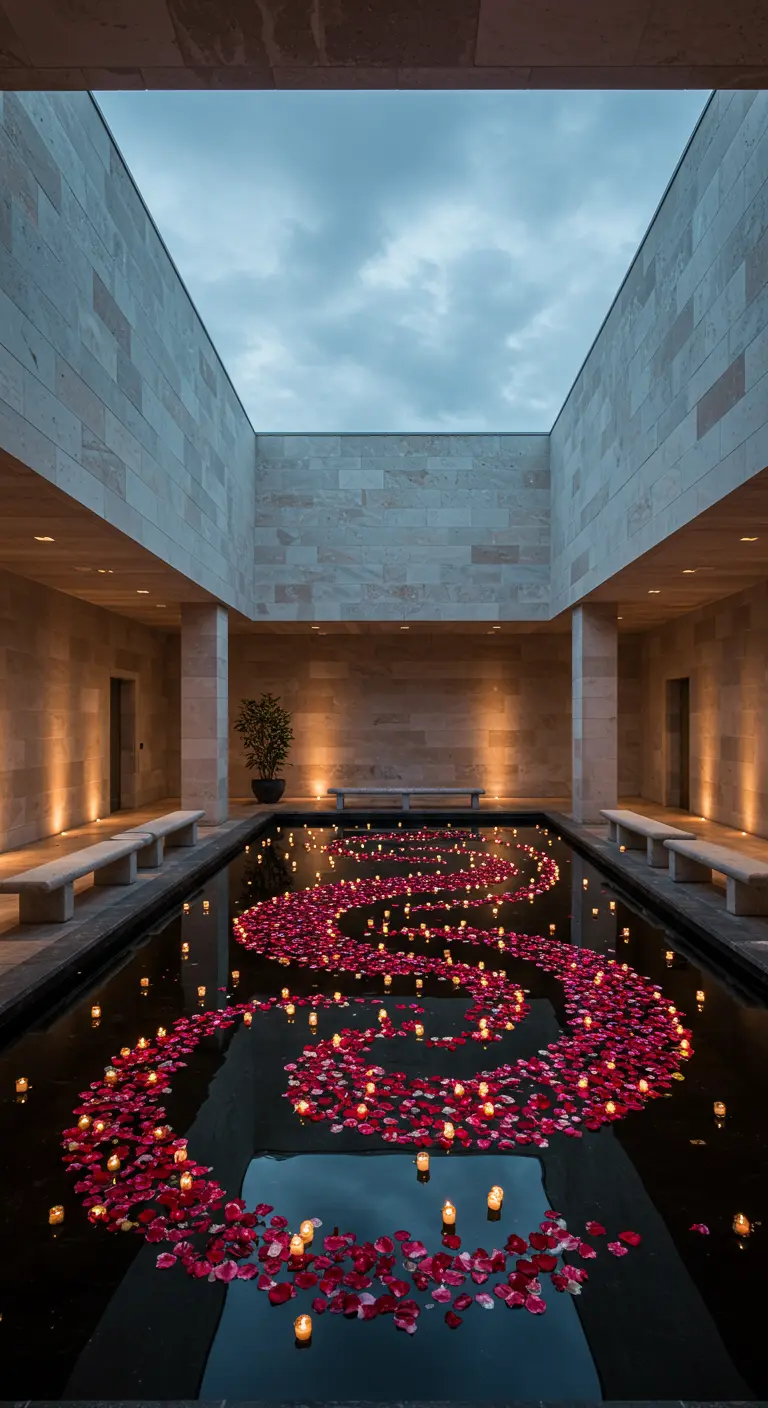 Piscina rectangular en un patio minimalista con un gran diseño en espiral hecho de pétalos y velas.