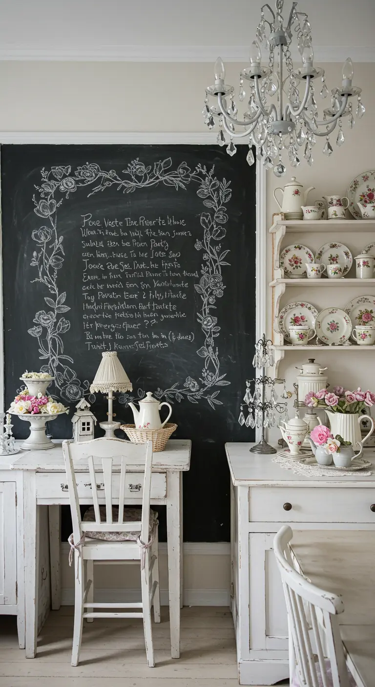 Rincón de comedor shabby chic con una pared de pizarra decorada con un borde floral y un texto poético.