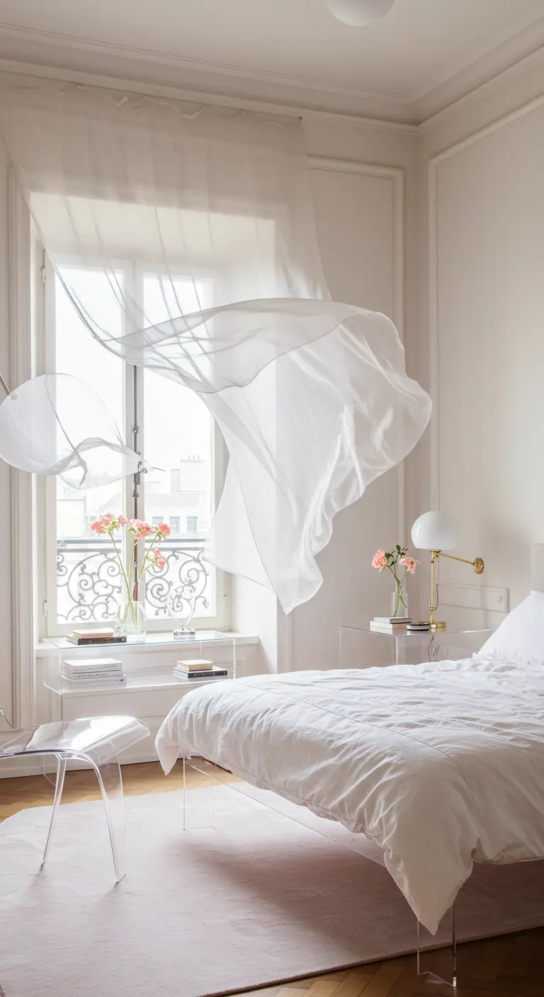 Una tela blanca y transparente vuela con el viento que entra por la ventana del dormitorio.