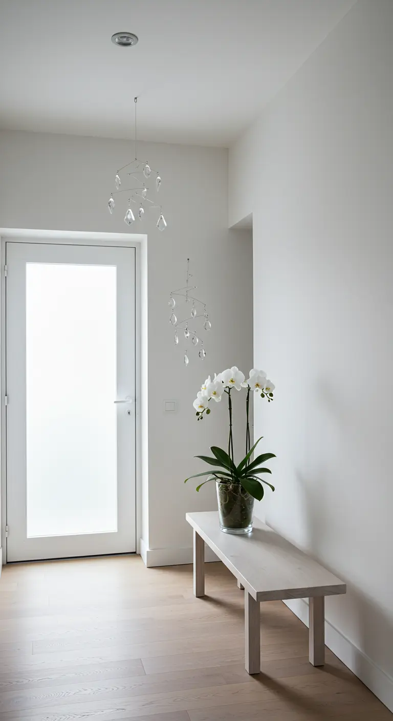Recibidor minimalista blanco con móviles de cristal colgantes y una orquídea sobre un banco