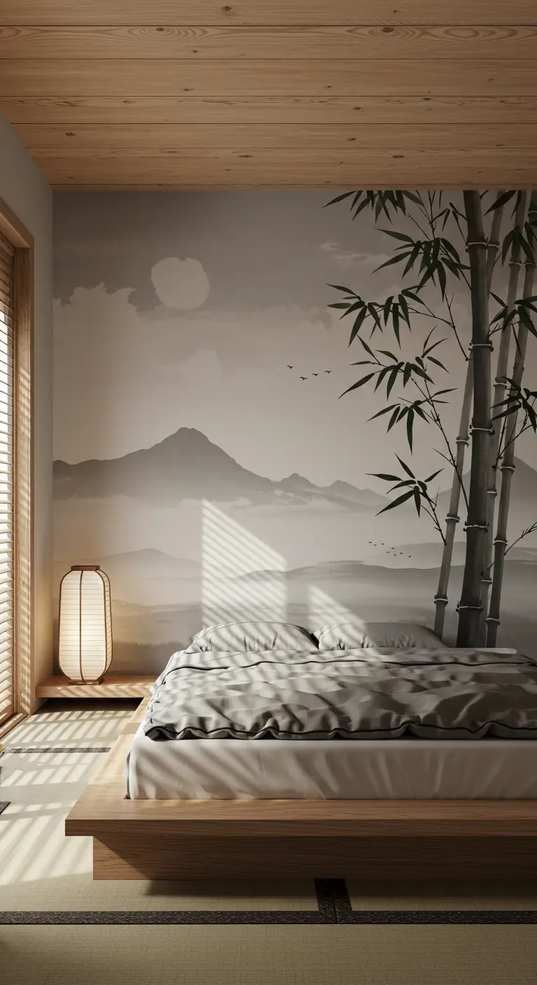 Mural de un paisaje japonés estilo Sumi-e con bambú y montañas en un dormitorio sereno.