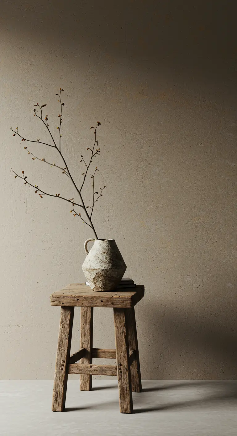 Rama con brotes en un jarrón de cerámica rústica sobre un taburete de madera antiguo.
