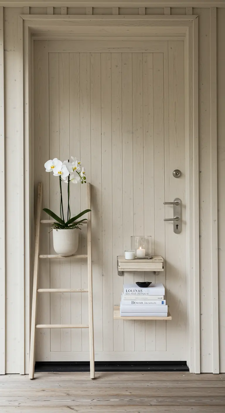 Decoración minimalista de estilo escandinavo con una escalera de madera clara y una orquídea blanca.