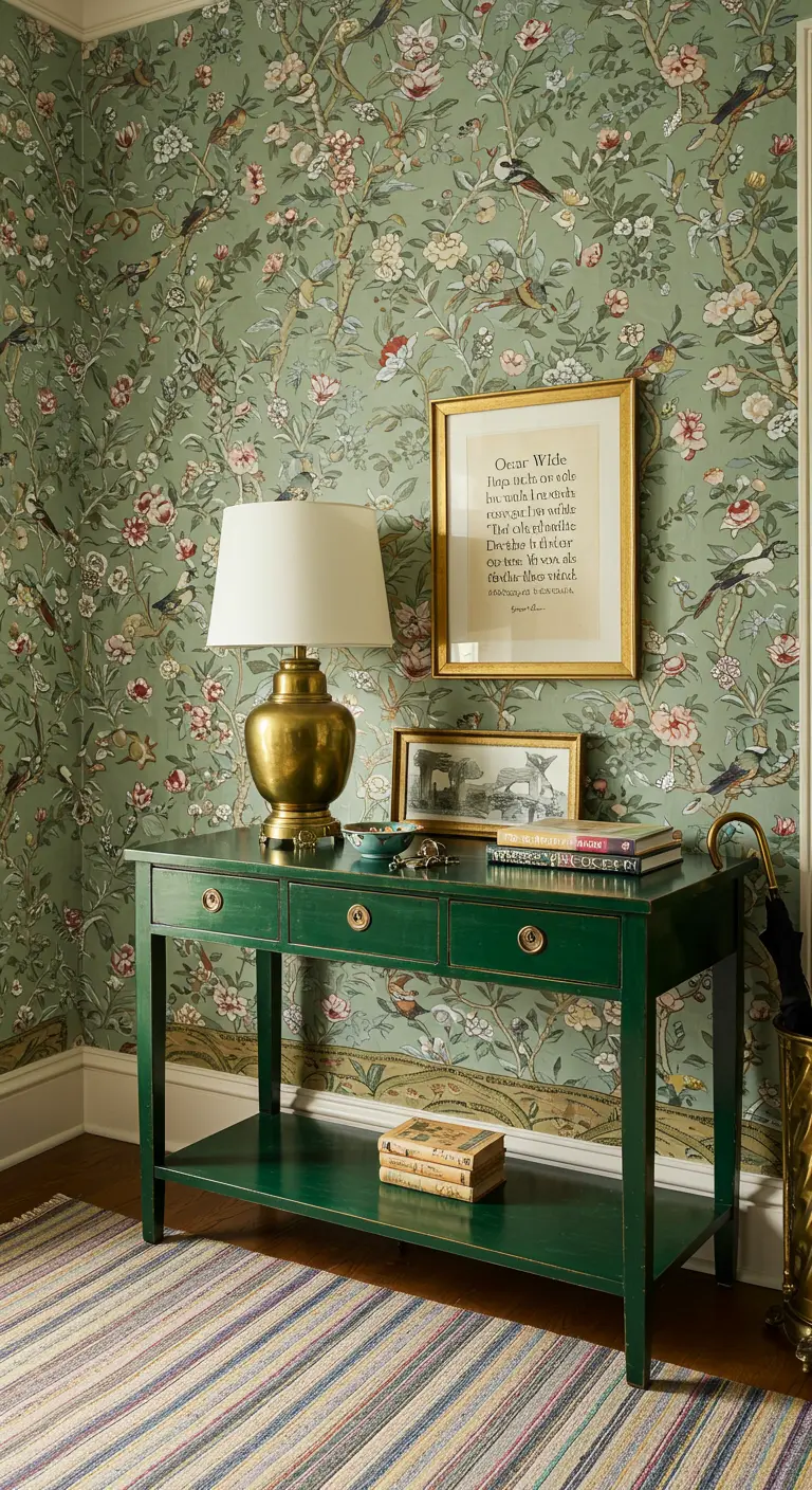 Pared con papel pintado de flores y un cuadro con texto enmarcado en dorado sobre una consola verde.