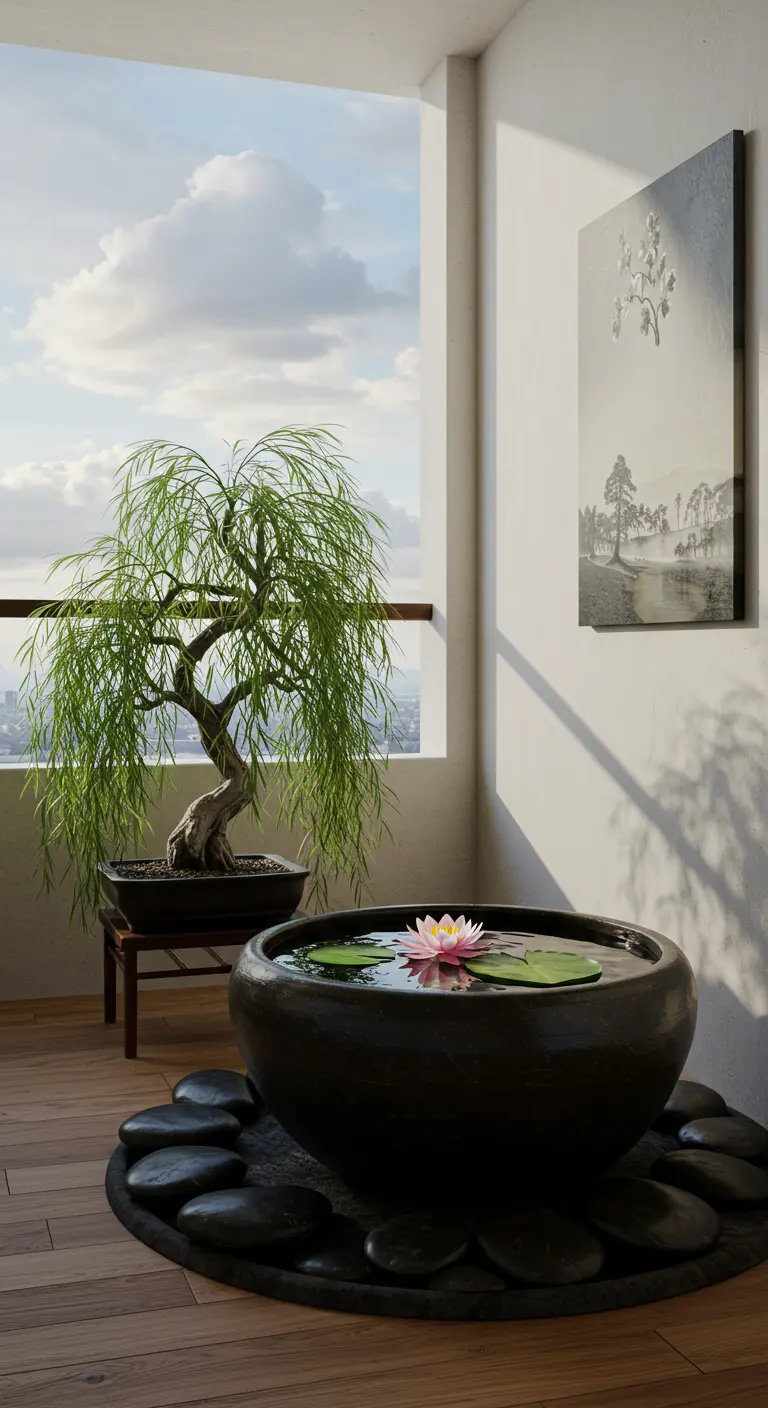 Balcón zen con un bonsái llorón, un cuenco con una flor de loto y un cuadro.