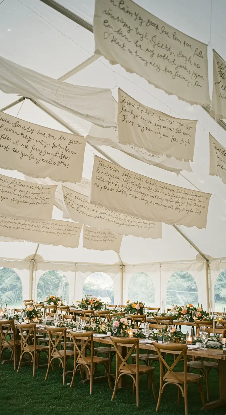 Banderas de tela con texto escrito a mano cuelgan del techo de una carpa de recepción.